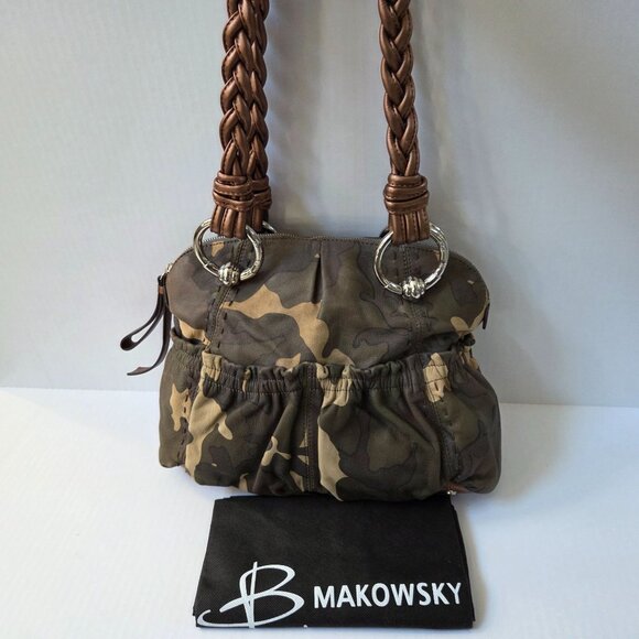 B Makowsky Purse Caroline Green Tan Camo Leather Satchel Shoulder Bag - Picture 4 of 16